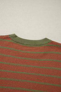 Brown Stripe Trimmed Round Neck Drop Shoulder Loose Sweater