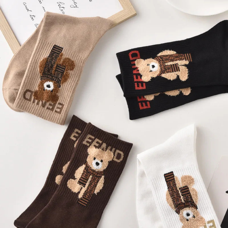 Spring Autumn Winter Cartoon Women'S Socks Cotton Mid-Tube Cute Bear Print Trend Short Socks Comfortable Breathable Sports Socks