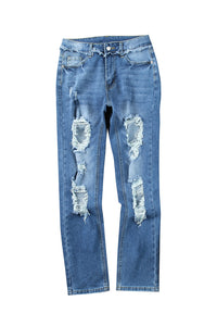 Sky Blue Cut Out Straight Leg Distressed Boyfriend Jeans