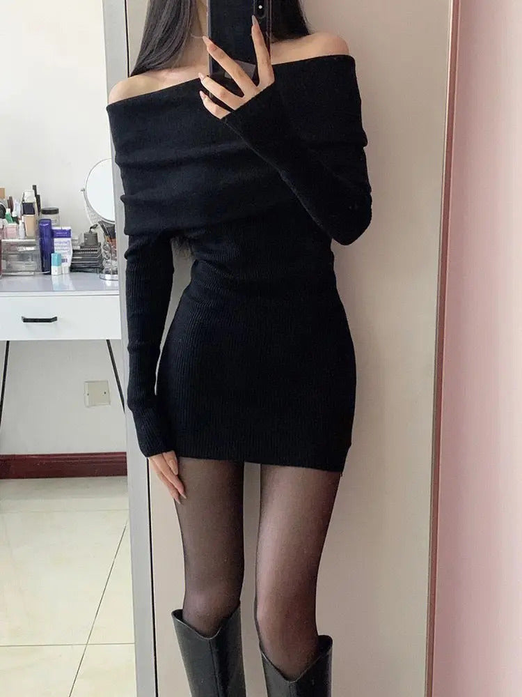 Sexy Dresses Women Backless Knitting Slim Y2k Girls Tender Korean Style Soft Casual Autumn Slash Neck Hotsweet Cozy New Clubwear