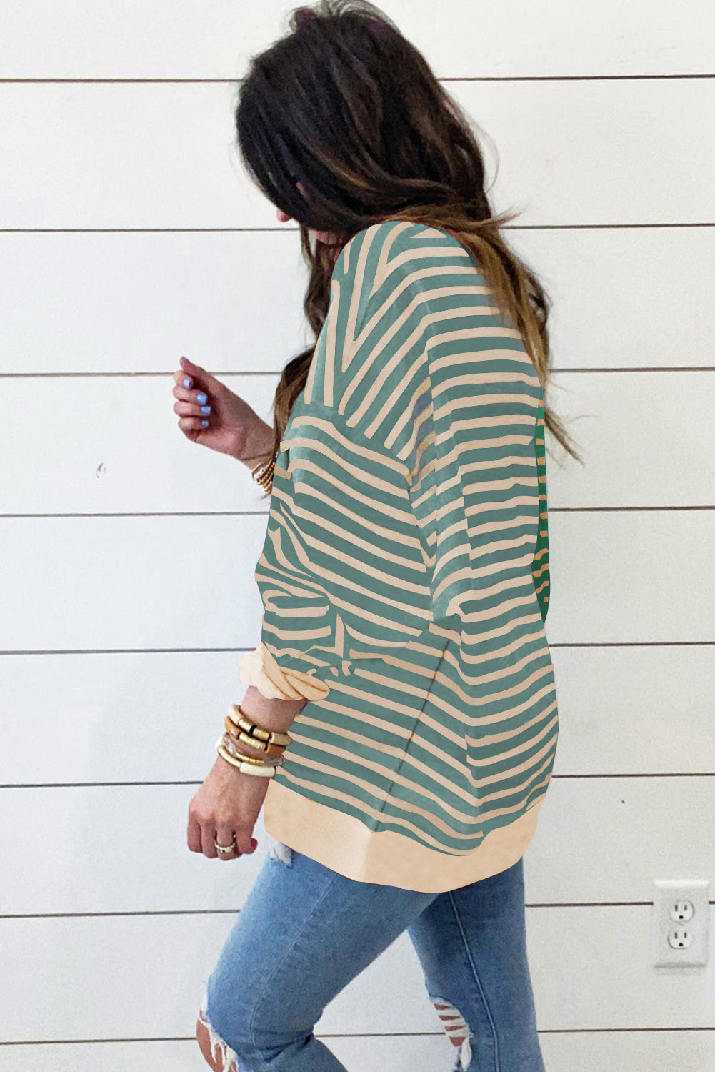 Green Stripe Casual Stripe Colorblock Drop Shoulder Oversize Sweatshirt