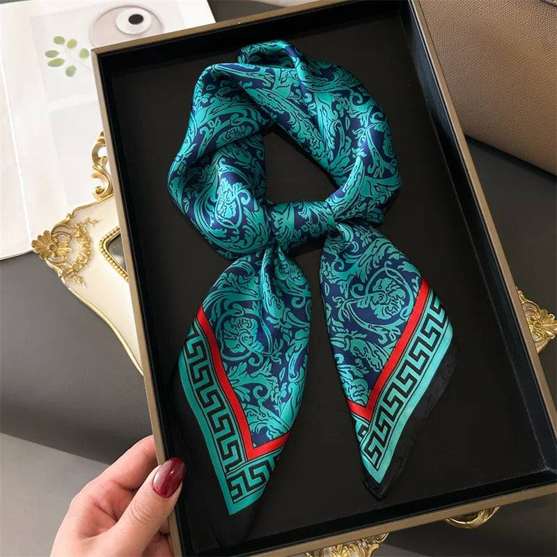 Luxury Spring Autumn New Imitated Silk Scarf Women 70cm Printed Square Scarf Soft Satin Headband Shawl Wrap Hijab Foulard Ribbon