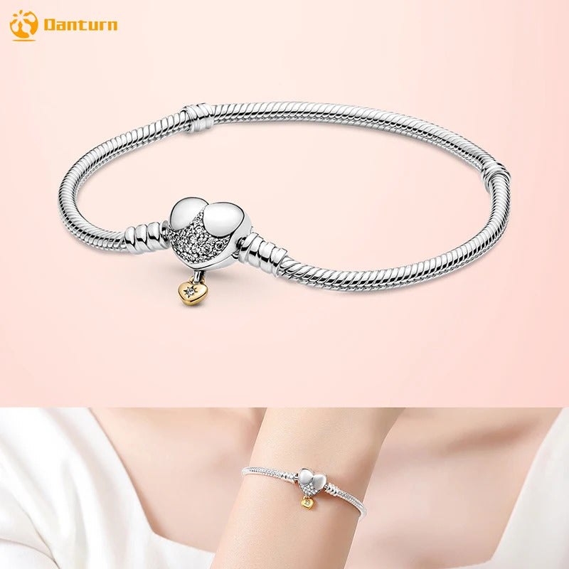 Danturn 925 Sterling Silver Bracelets Gold Heart, Butterfly Crown Women Bangles Luxury Jewelry Anniversary GIft DIY Fashions