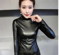 2019 Fashion Autumn Women PU Leather Tops Shirts turtleneck Long Sleeve slim Casual blouse plus size 4XL ladies tops PZ1053