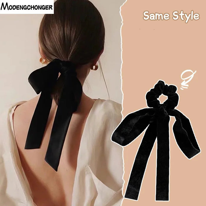 Fashion Vintage Black Bow Hair Ribbon Scrunchie for Women Girls Long Elastic Hair Tie Headwear Female Hair Accessories