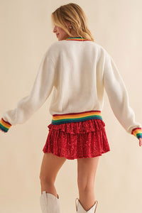 Black Glitter Merry & Bright Colorful Stripes Trim Sweater