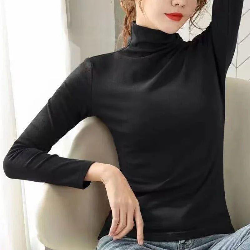 Plus Size Basic All-Match Women T-Shirt High Neck Casual Slim Fit Fleece Warm Autumn Winter Office Lady's Top Elegant Fashion