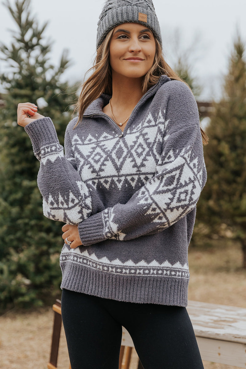 Gray Western Geometric Printed Quarter Zip Pullover Sweater