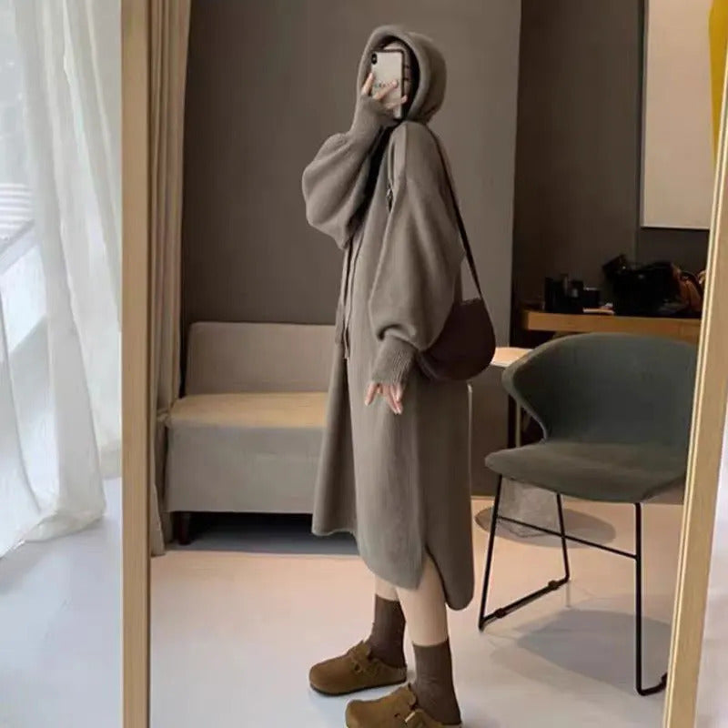 Mid-Length Hood Knitted dress Women 2024 New Autumn and Winter Idle Sle Loose Thickened Sweater Dress Base Women