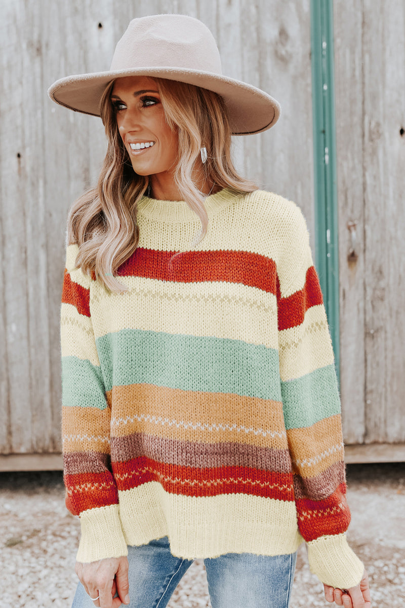 Crew Neck Drop-shoulder Striped Color Block Sweater