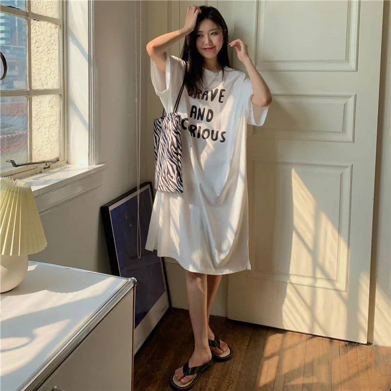 Harajuku Graphic White Long Dress Woman Clothing Y2k Casual Short Sleeve O-Neck Korean Fashion Summer Womens Loose Dresses 2024