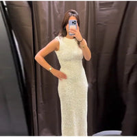 Elegant Sequined Detachable Sleeve Dresses Women Shiny O Neck Long Sleeve Split Party Long Dress 2024 New Lady Glitter Robes