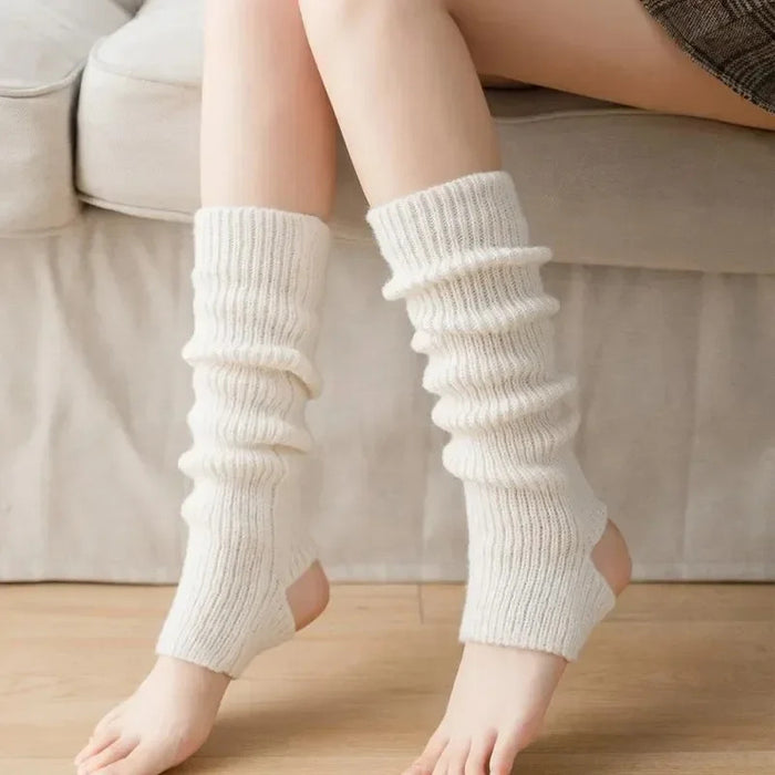 New Japanese Lolita Y2k Solid Color Leg Warmers Women Hollowed Out Foot Heel Warm Knitted Knee High Socks Legging Gaiters Cover