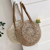 Summer Round Straw Women Vacation Woven Beach Shoulder Bag Large Capacity Hollow Out Simple Tote Bag