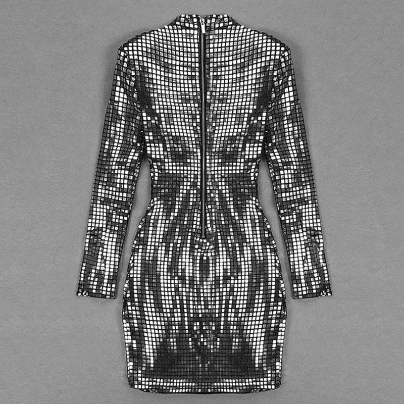 GACVGA Shiny Plaid Sequins 2024 Autumn Winter Women Dress O-Neck Long Sleeve Sexy Bodycon Mini Club Party Dresses Vestidos