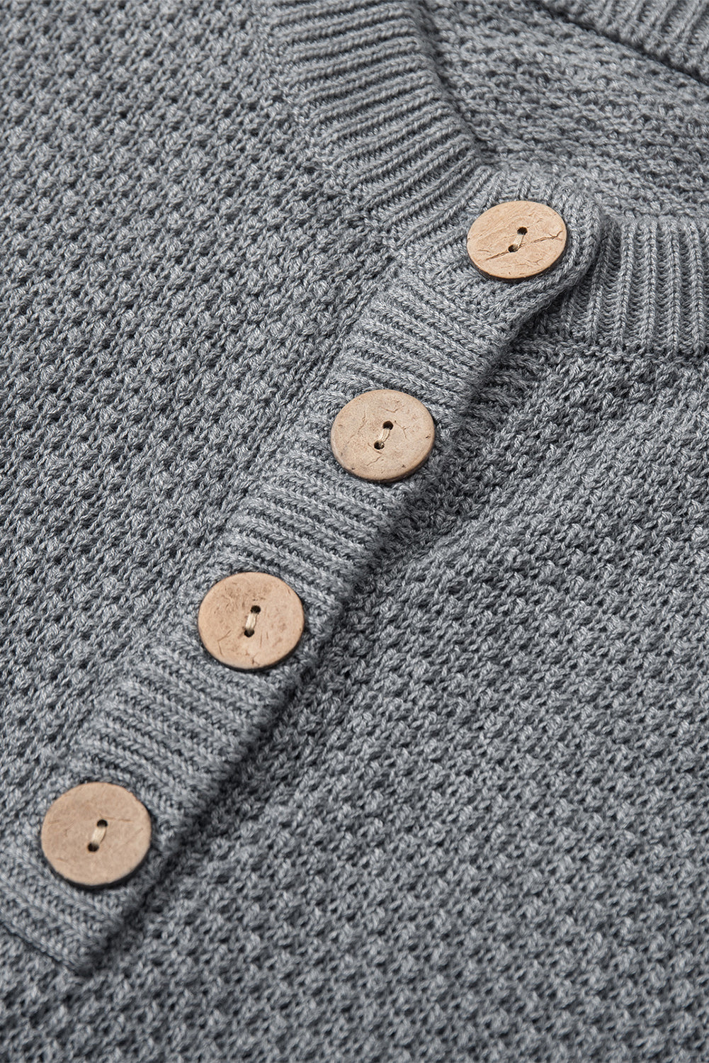 Gray Henley Pullover Drop Shoulder Sweater with Slits