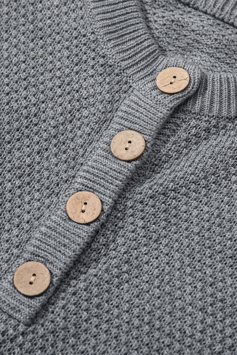 Gray Henley Pullover Drop Shoulder Sweater with Slits