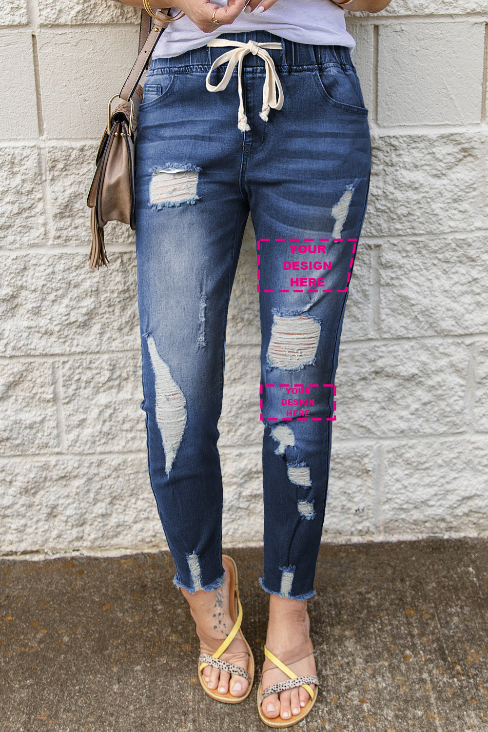 Blank Apparel - Blue Drawstring Elastic Waist Hole Ripped Jeans