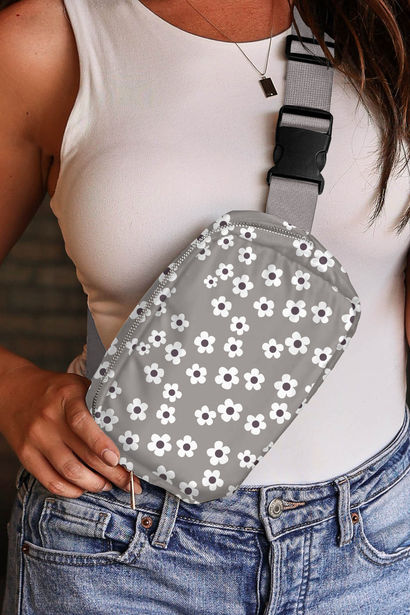 Gray Cute Flower Print Buckle Crossbody Bag