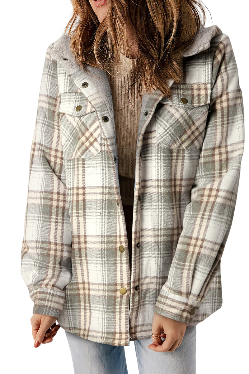 Gray Plaid Pattern Sherpa Lined Hooded Shacket