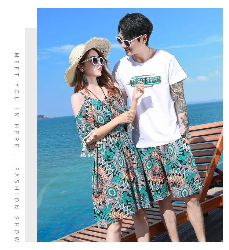 Family Matching Outfits 2022 Summer Beach Mother Daughter Floral Dresses Dad Son Cotton T-shirt & Shorts Couple Outfit Seaside