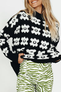 White Printed Retro Flower Pattern Knit Fuzzy Sweater