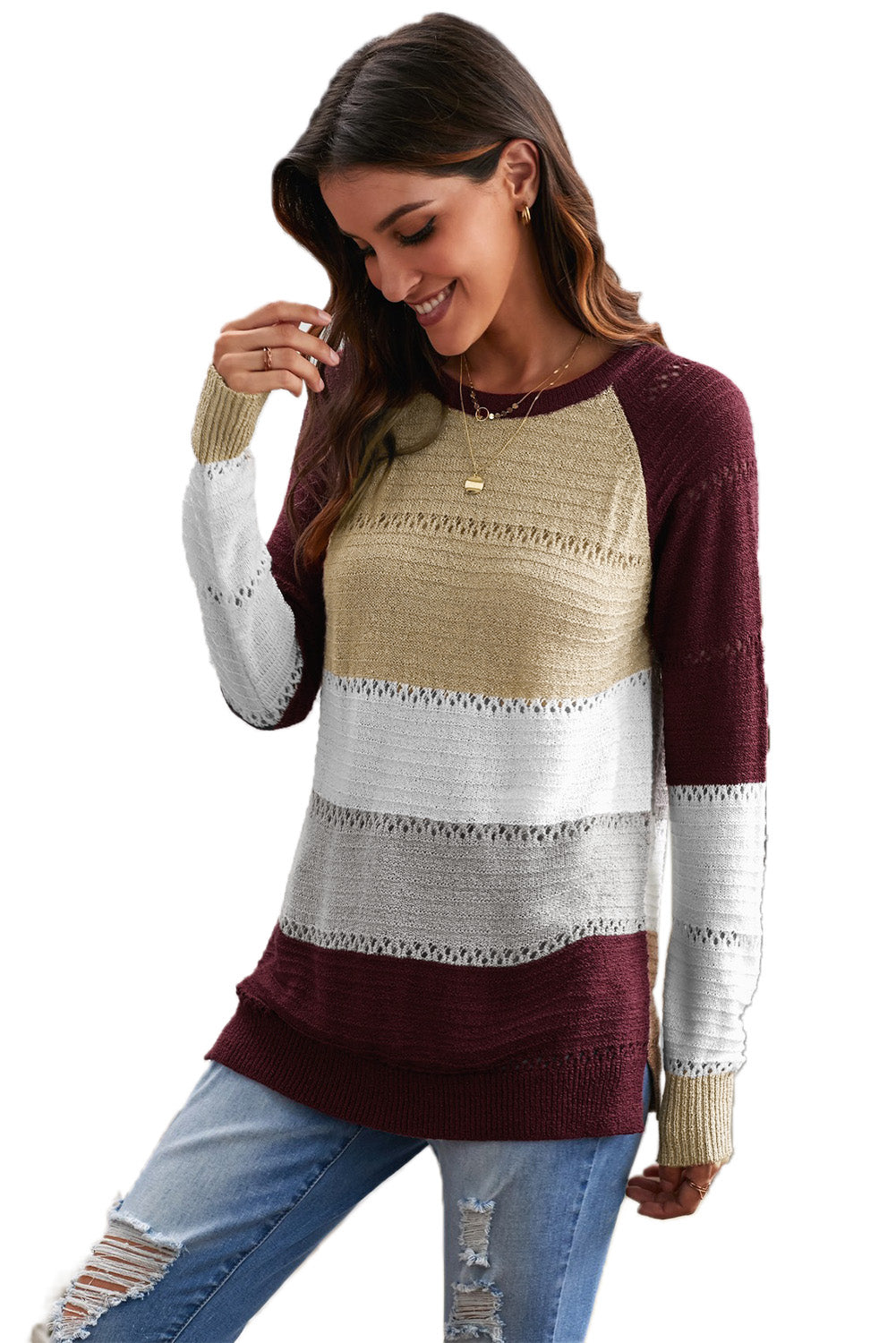 Wine Accent Knitted Color Block Long Sleeve Crew Neck Sweater