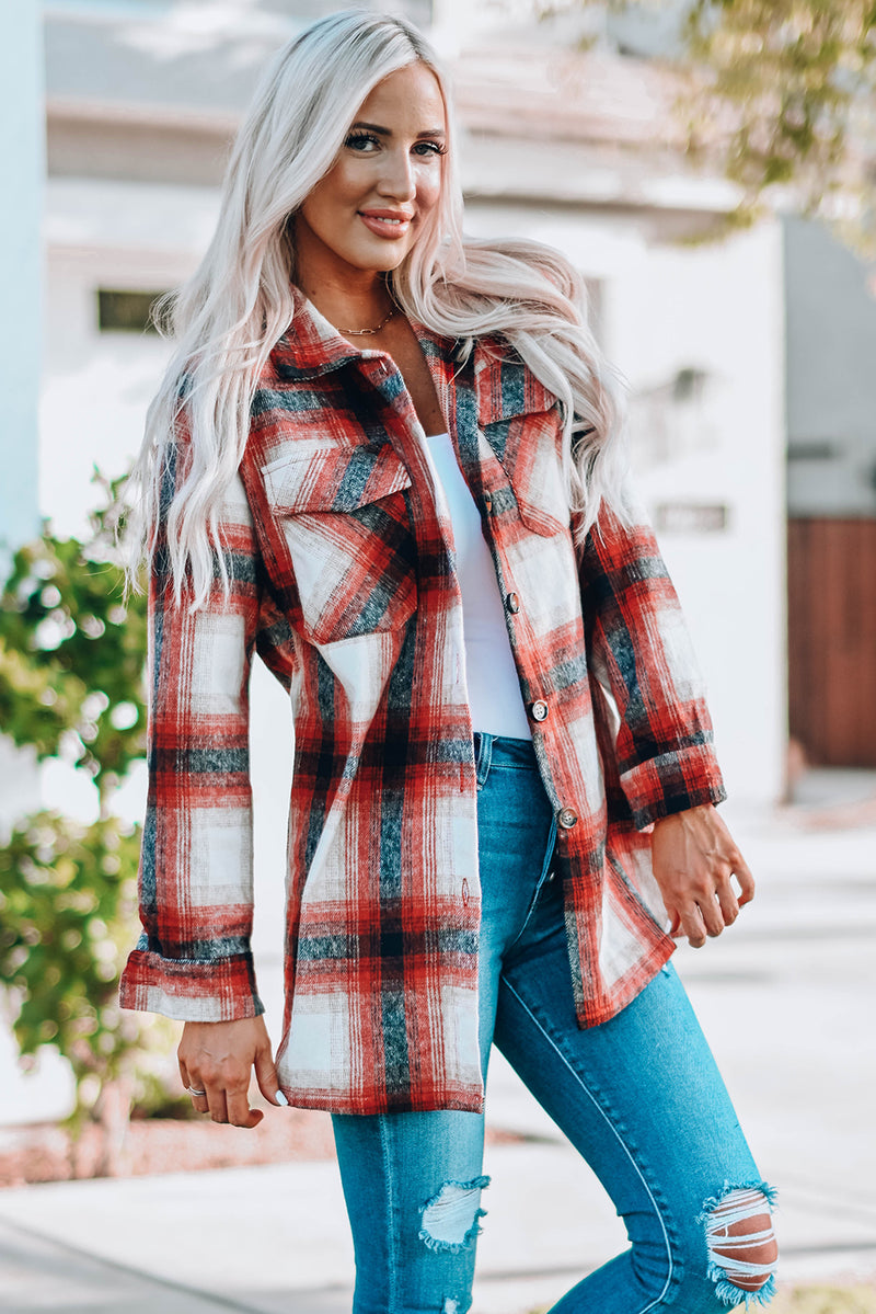 Fiery Red Turn down Neck Plaid Pocket Button Closure Coat