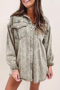 Sage Green Acid Wash Flap Pocket Raw Hem Tunic Denim Jacket