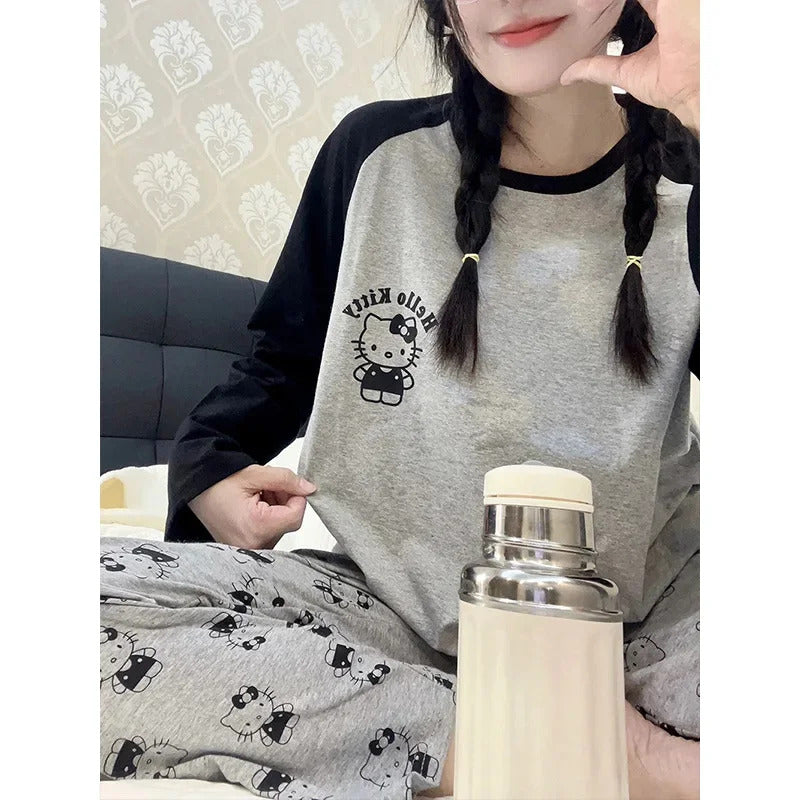 Women's Loose Round Neck Cute Kitty Homewear Pajamas Women's Simple Leisure Long Sleeve Long Pants Two-piece Suit Pajamas  Women