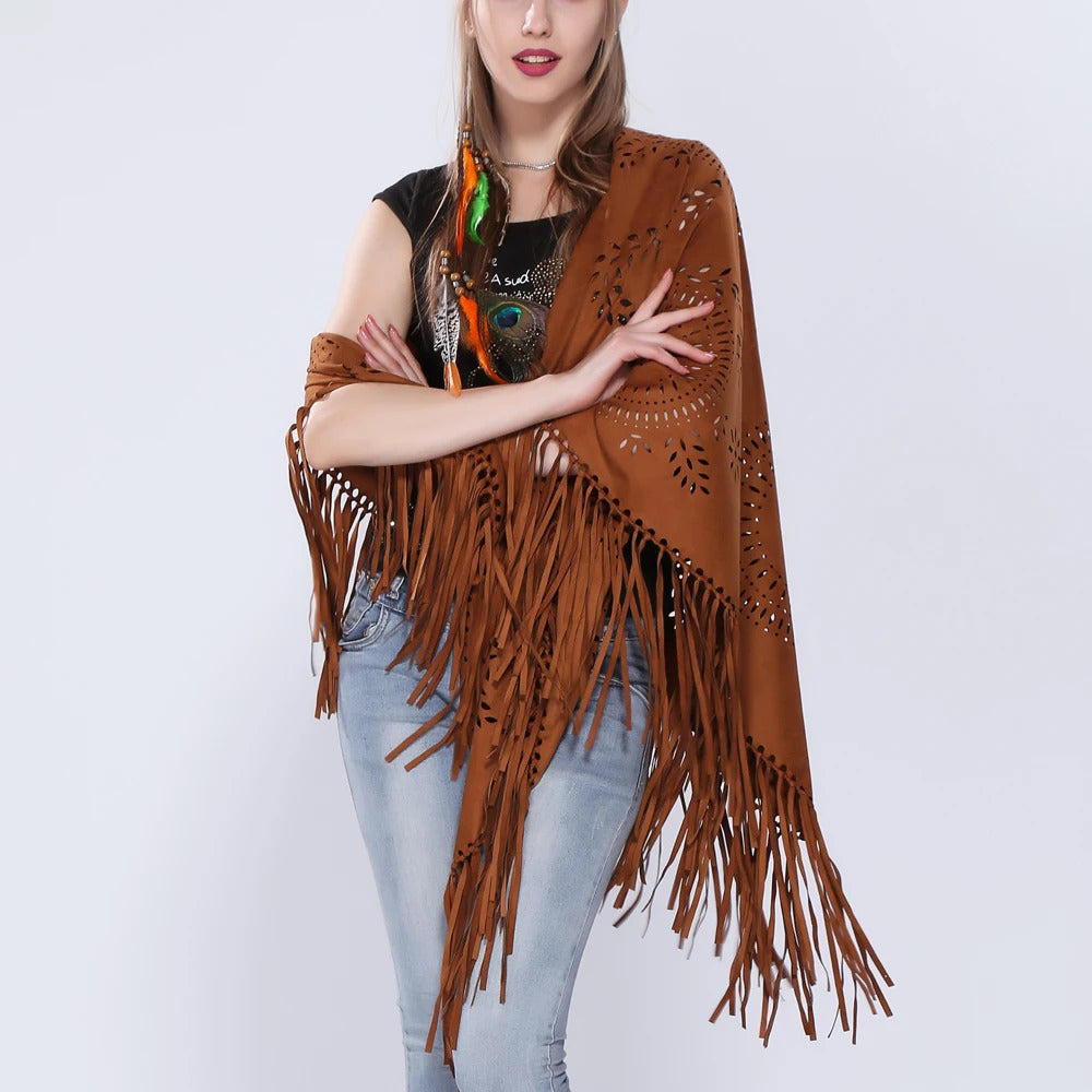 Women's Loose Suede Fringe Open Poncho Cloak Shawl Wrap with Punch Hole Patterns and Graceful Fringes Dropshipping