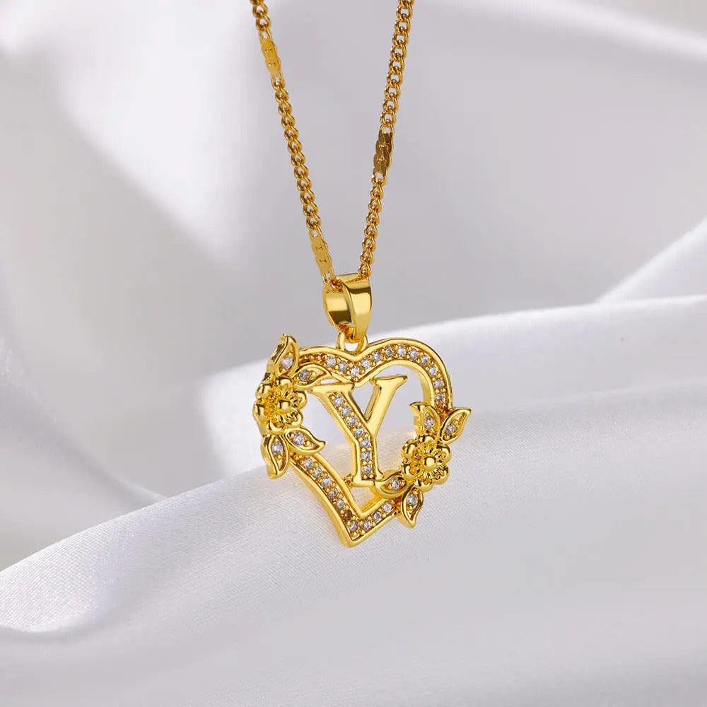 Zircon Flower Heart Initials Necklaces For Women Stainless Steel Heart Lover Gold Color Letter Chain Collar Necklace Jewelry