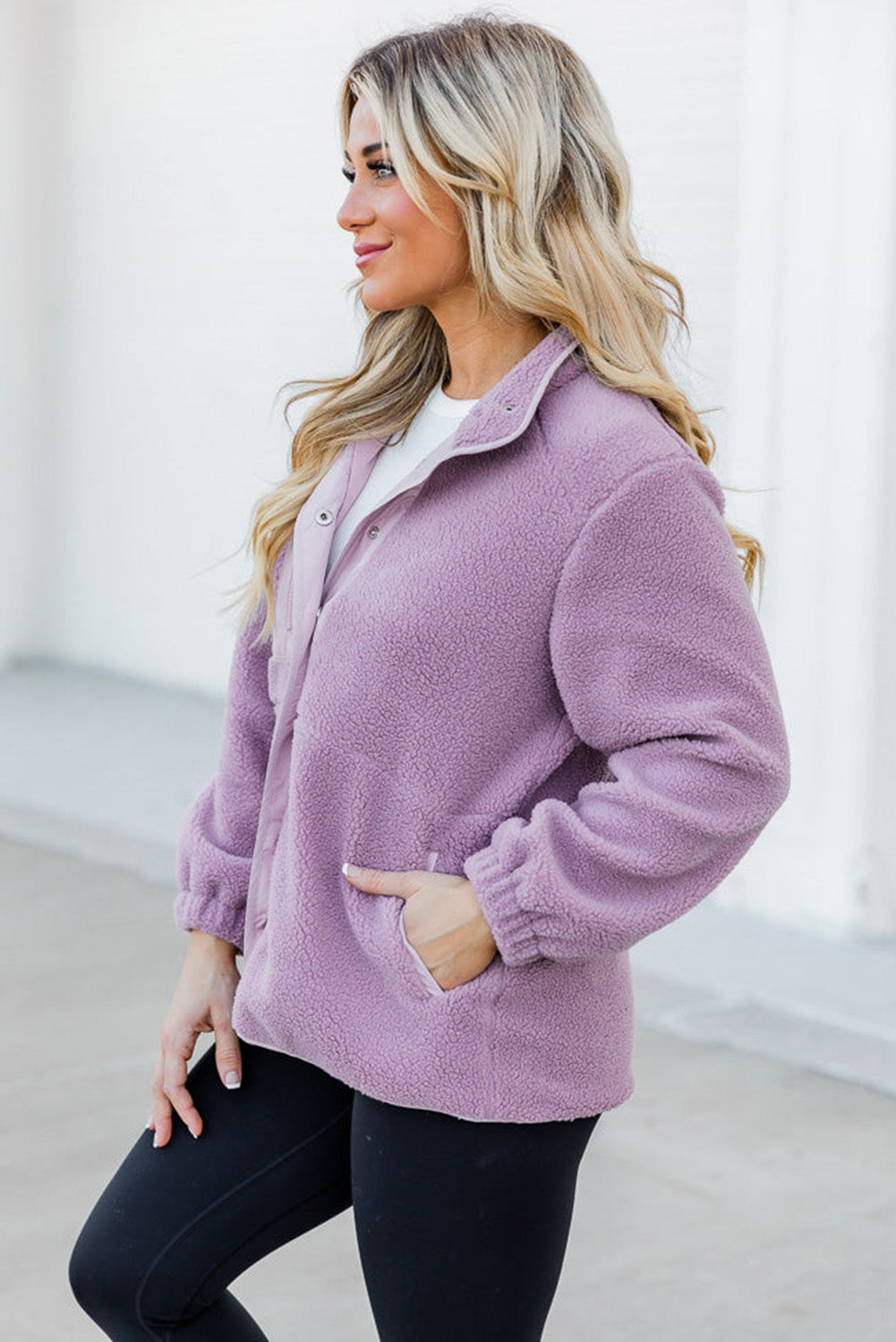 Orchid Petal Sherpa Contrast Trim Zipped Pocket Jacket