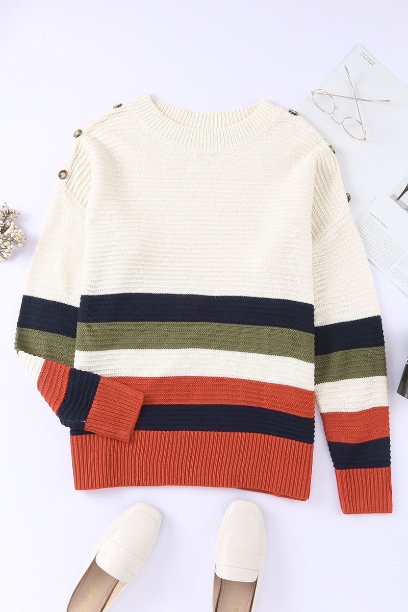 White Buttoned Shoulder Drop Shoulder Striped Sweater