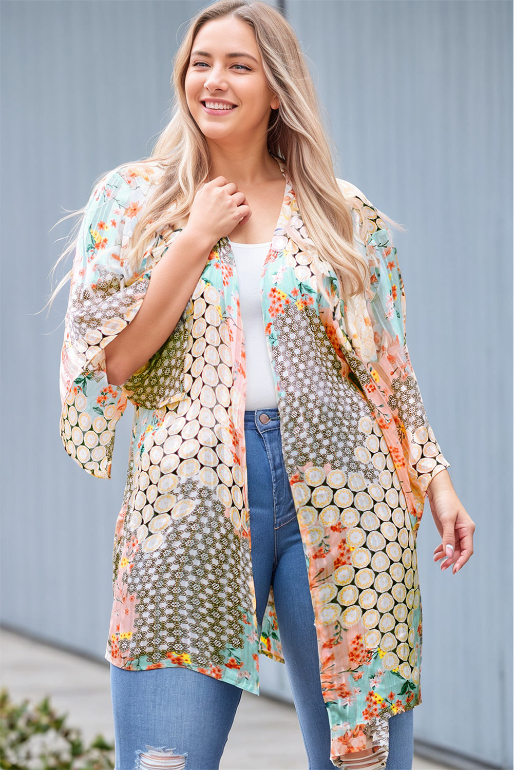 Green Floral Mixed Print Open Front Plus Kimono