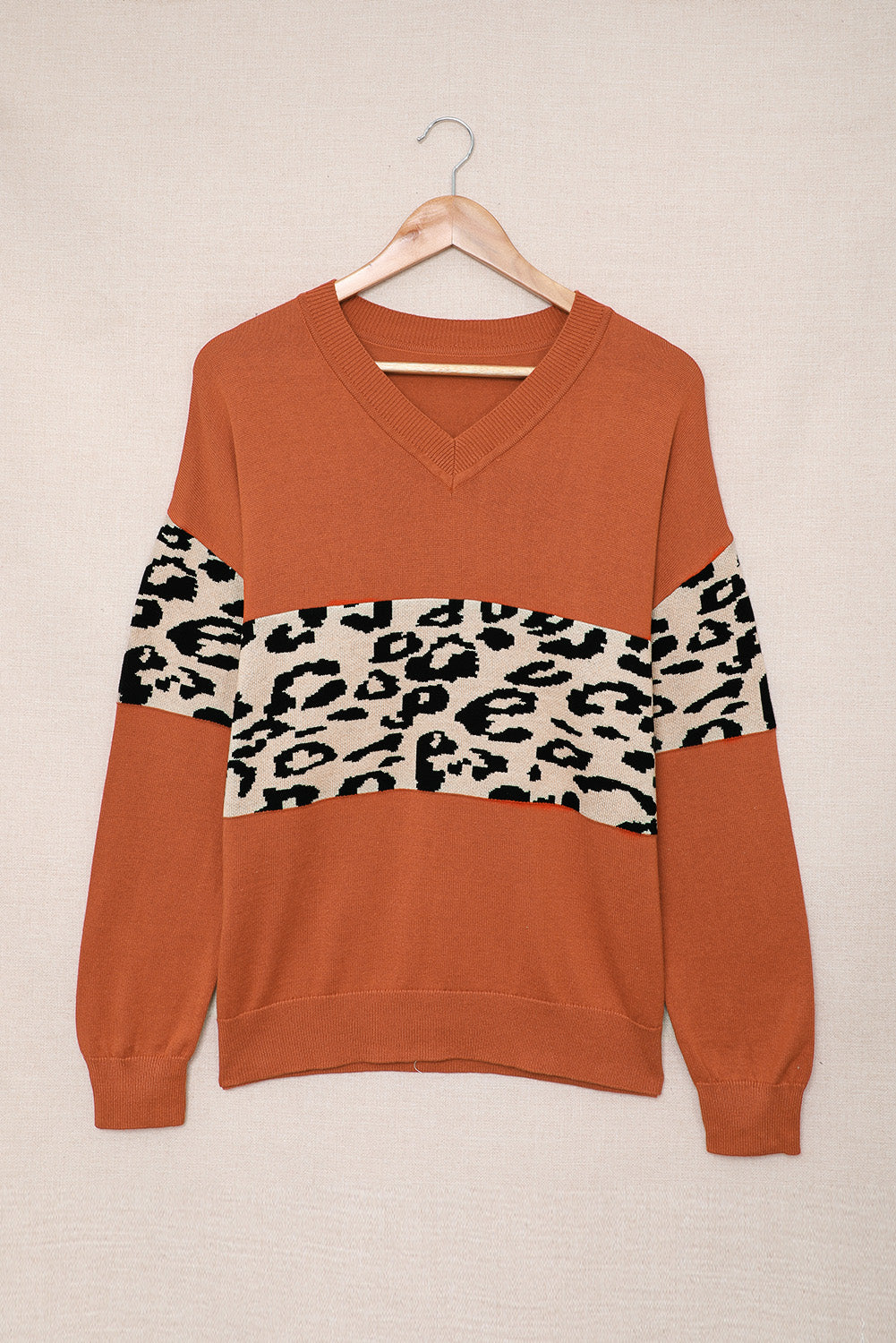 Black Leopard Colorblock V Neck Knit Sweater