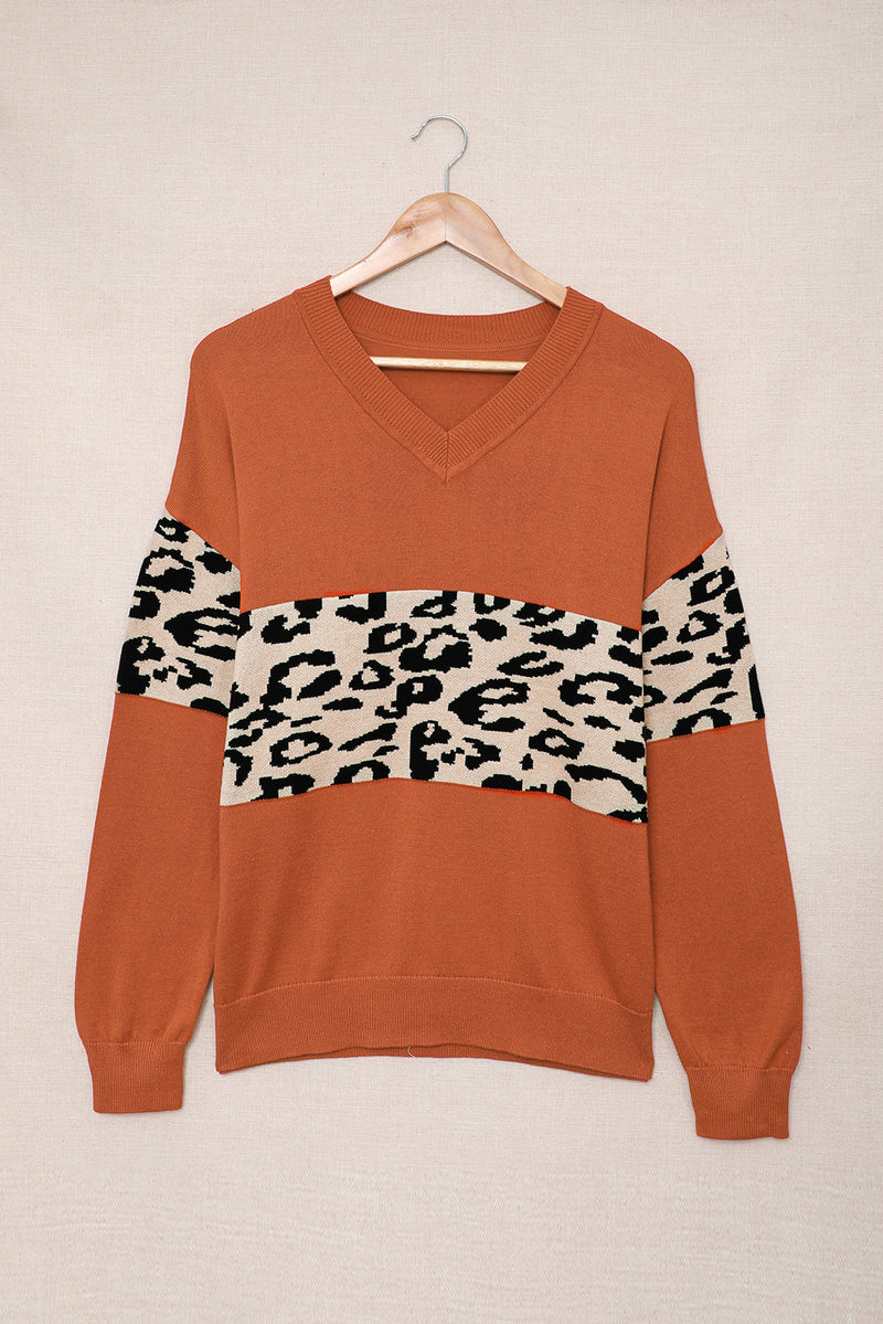 Black Leopard Colorblock V Neck Knit Sweater