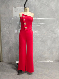 2024 Asymmetrical Bandeau Strapless Jumpsuit Metal Button Decor Casual Overalls