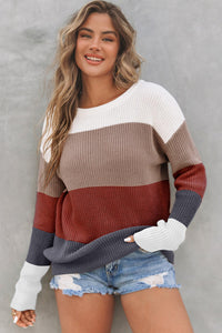 Chestnut Color Block Knitted O-neck Pullover Sweater