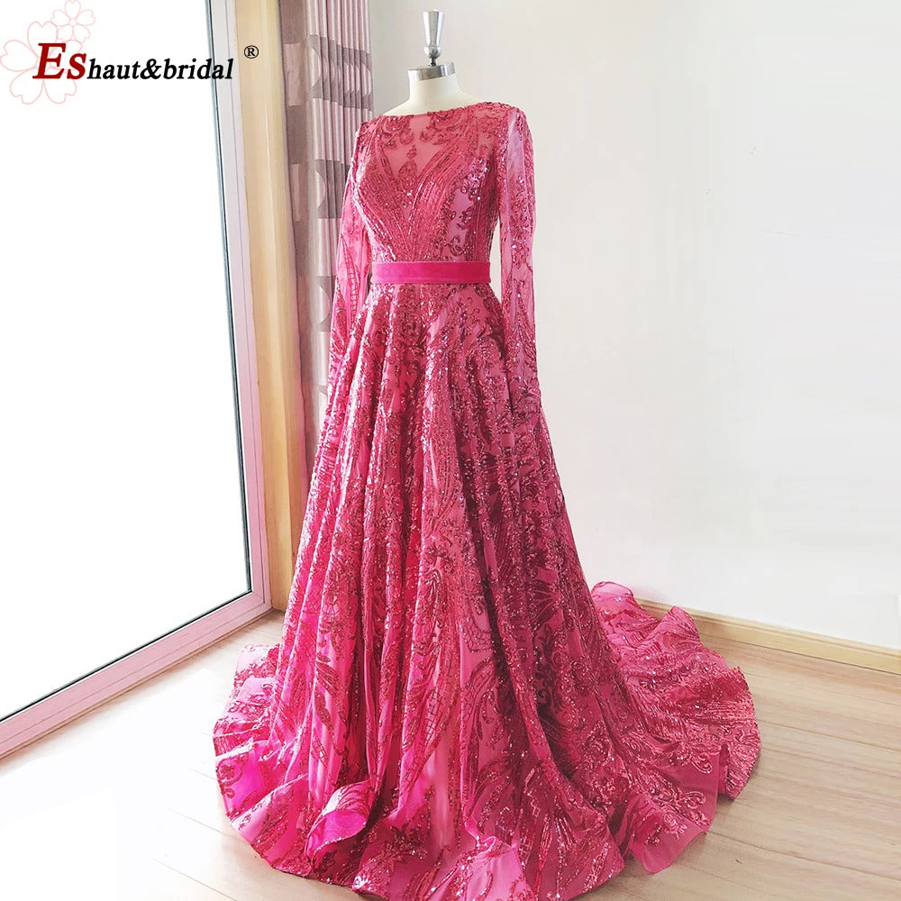 Dubai A-Line Luxury Wedding Evening Dress for Women Muslim 2024 Long Sleeves Sequin Plus Size Formal Prom Party Gown Customized