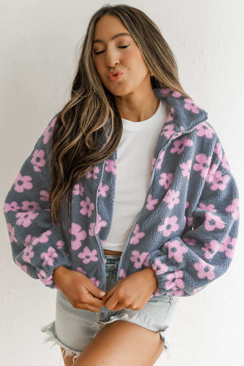 Multicolour Flower Zip up Sherpa Jacket