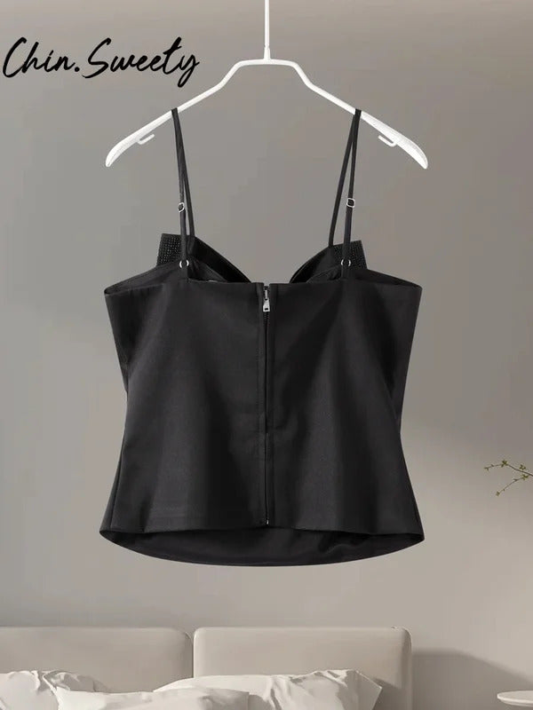 Sweet Sequined Bow Women Sling Top Sexy Sleeveless Backless Pleated Zippers Female Tank Tops 2025 Spring Lady Streetwear