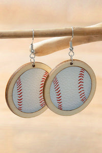 Bright White Wooden Leather Inset Baseball Earrings