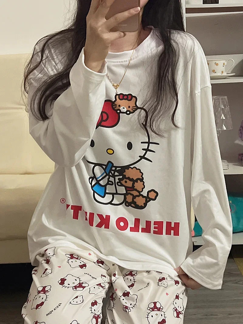 Women's Loose Round Neck Cute Kitty Homewear Pajamas Women's Simple Leisure Long Sleeve Long Pants Two-piece Suit Pajamas  Women