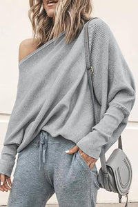 Gray Slouchy One Shoulder Dolman Sleeves Ribbed Sweater