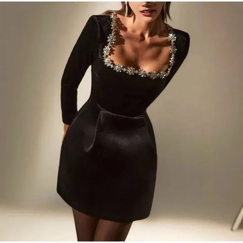 Slim Rhinestone Square Collar Dress Women Elegant Velvet Long Sleeve High Waist A-line Mini Dresses 2025 New Lady Party Vestidos