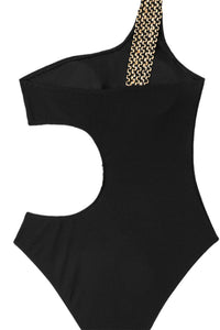 Black Textured Stitch One Shoulder Cutout One Piece Swimsuit