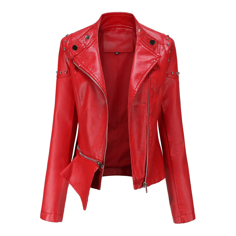 Women's Riveted Leather Coat with Standing Collar, Korean Punk Rock, Black, Red, Spring, Autumn, Fashion