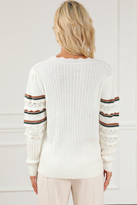 White Striped Ribbed Scalloped Detail Knit Sweater