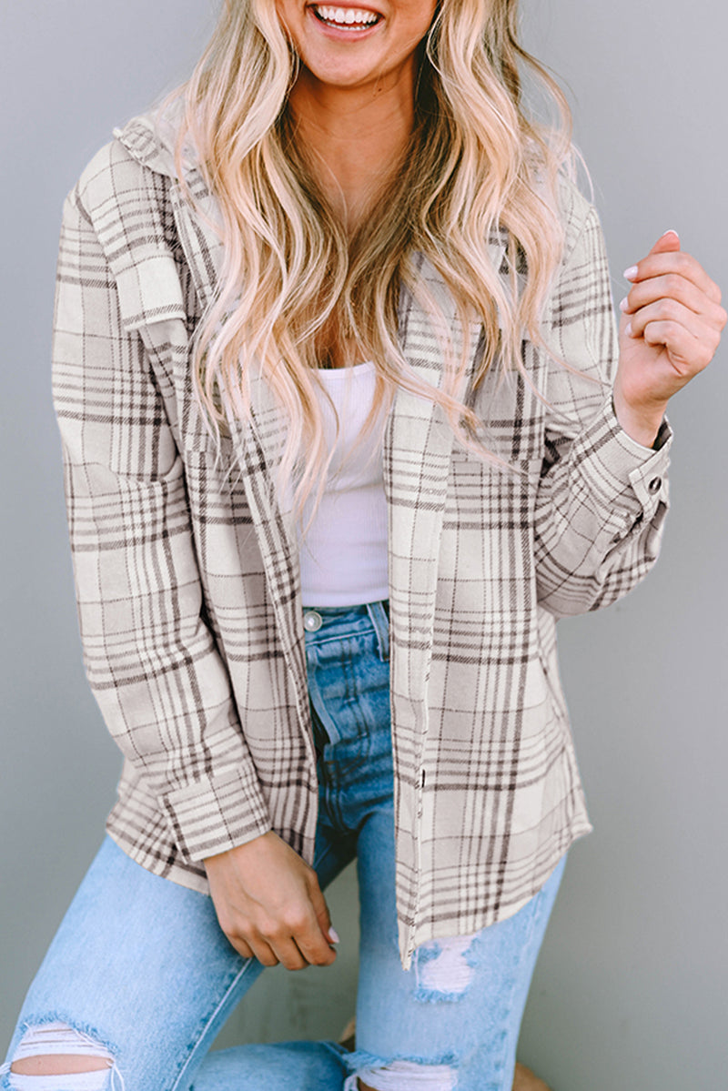 Khaki Plaid Removable Hood Buttoned Shacket